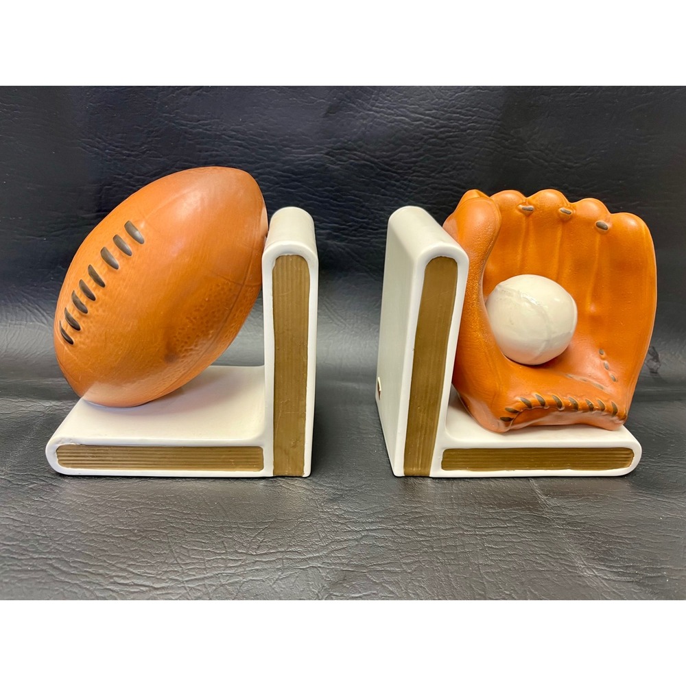 VTG Lefton Sports Bookends Decor Ceramic Football Baseball Glove Japan Set of 2